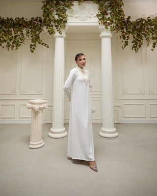 Pearl-Embellished Satin Dress – Ivory