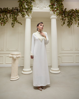 Pearl-Embellished Satin Dress – Ivory