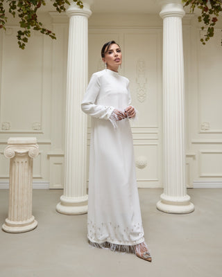 Feather-Trim Crepe Dress – White