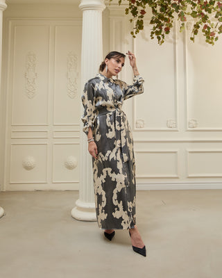 Metallic Satin Shirt Dress – Graphite and Cream
