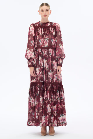 Burgundy Floral Chiffon Maxi Dress