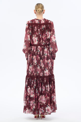 Burgundy Floral Chiffon Maxi Dress