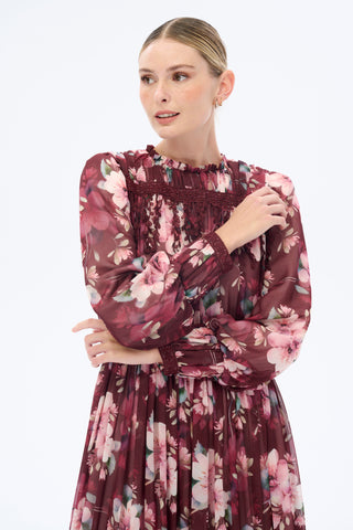 Burgundy Floral Chiffon Maxi Dress