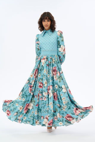 Powder Blue Vintage-Inspired Floral Maxi Dress