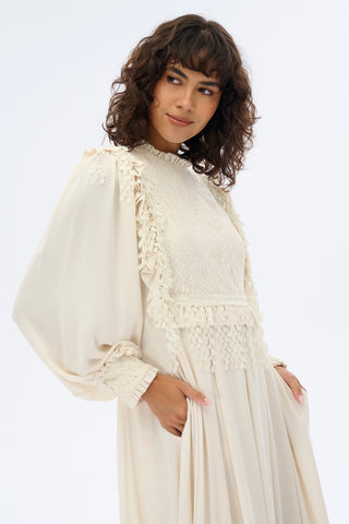 Ecru Romantic Maxi Dress with Lace Panel Detailing