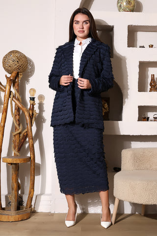 Textured Fringe Skirt & Jacket Set – Navy