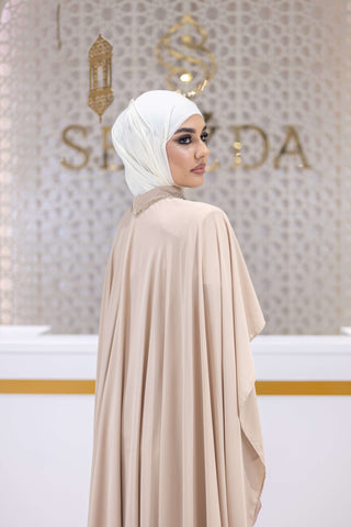 Sultan Silk Cape-Sleeve Gown – Beige