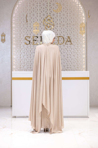 Sultan Silk Cape-Sleeve Gown – Beige