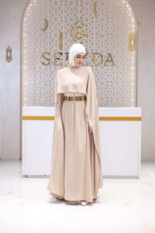 Sultan Silk Cape-Sleeve Gown – Beige