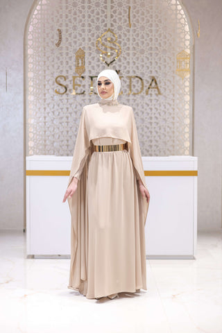 Sultan Silk Cape-Sleeve Gown – Beige