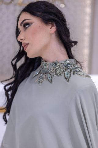 Majestic Flame Cape-Sleeve Georgette Gown – Silver