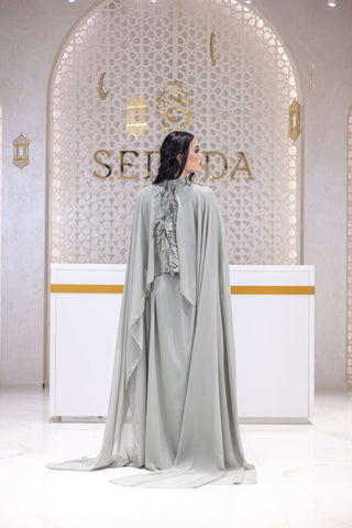 Majestic Flame Cape-Sleeve Georgette Gown – Silver