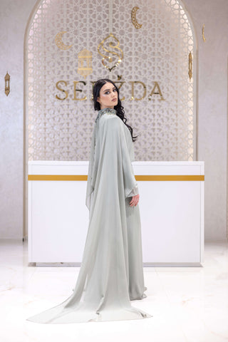 Majestic Flame Cape-Sleeve Georgette Gown – Silver