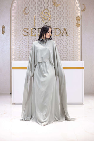 Majestic Flame Cape-Sleeve Georgette Gown – Silver
