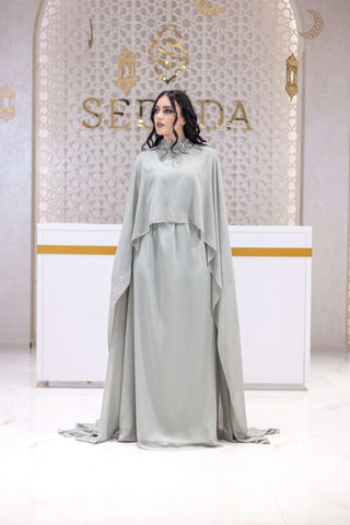 Majestic Flame Cape-Sleeve Georgette Gown – Silver