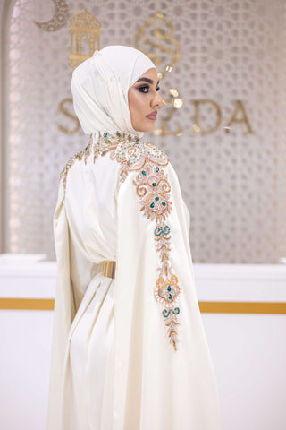 Celestial Bloom Embellished Satin Gown – White