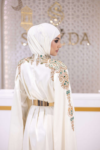 Celestial Bloom Embellished Satin Gown – White