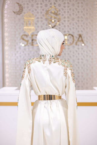 Celestial Bloom Embellished Satin Gown – White