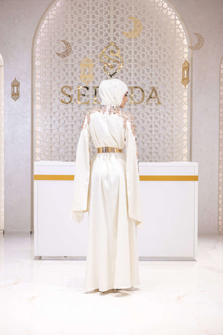 Celestial Bloom Embellished Satin Gown – White