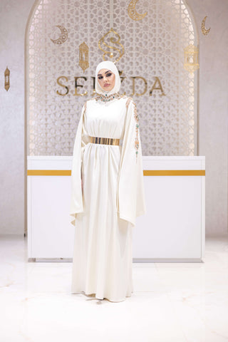 Celestial Bloom Embellished Satin Gown – White