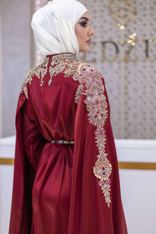 Galaxy Bloom Embellished Satin Gown – Red