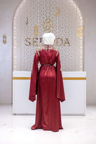 Galaxy Bloom Embellished Satin Gown – Red