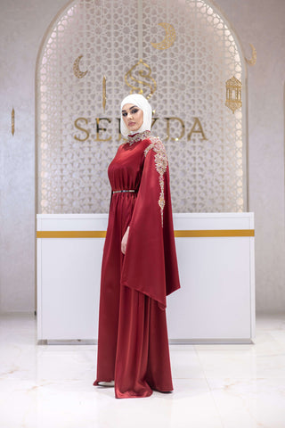 Galaxy Bloom Embellished Satin Gown – Red