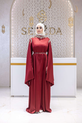 Galaxy Bloom Embellished Satin Gown – Red