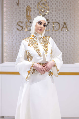 Golden Mirage Aura Satin Co-Ord Set with Skirt – White