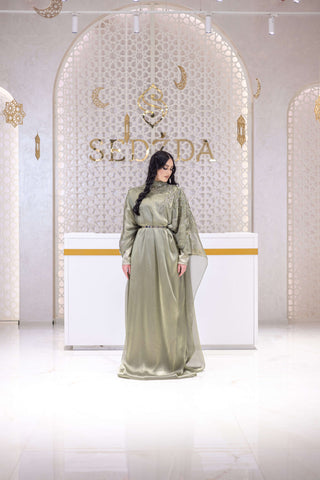 Desert Bloom Embellished Abaya – Olive Green