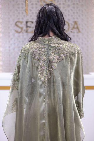 Desert Bloom Embellished Abaya – Olive Green