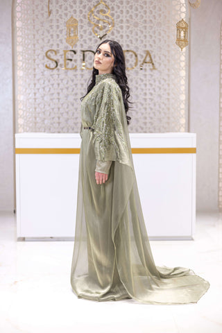 Desert Bloom Embellished Abaya – Olive Green
