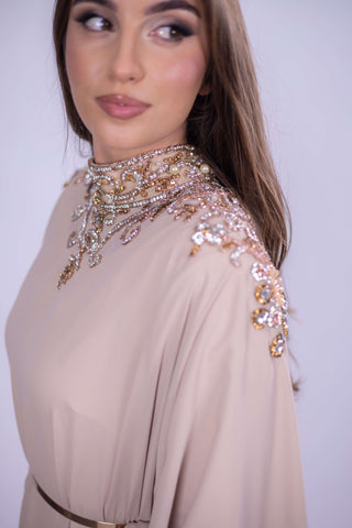 Velvet Moon Embellished Abaya – Beige