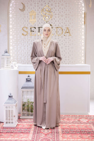 Sacred Gold Embellished Abaya – Beige
