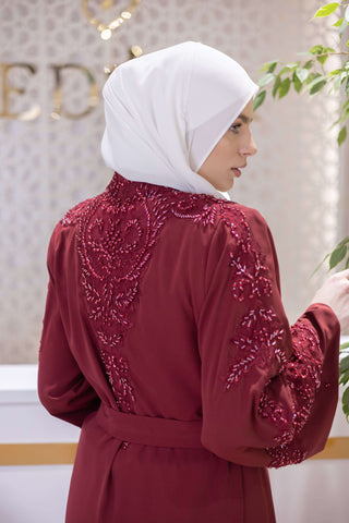 Crystal Veil Embellished Abaya – Red