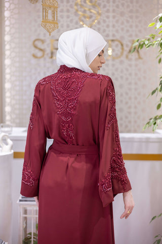 Crystal Veil Embellished Abaya – Red