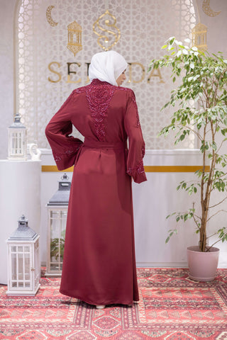 Crystal Veil Embellished Abaya – Red