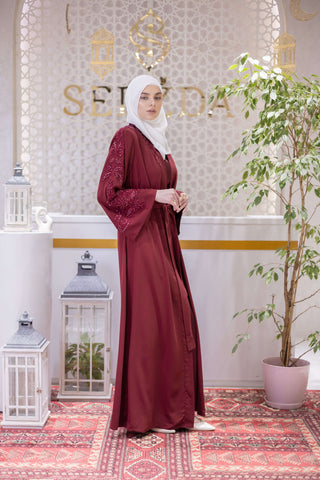 Crystal Veil Embellished Abaya – Red