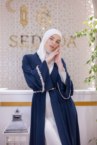 Opulent Silk Embellished Abaya – Navy