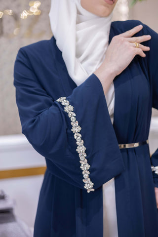 Opulent Silk Embellished Abaya – Navy