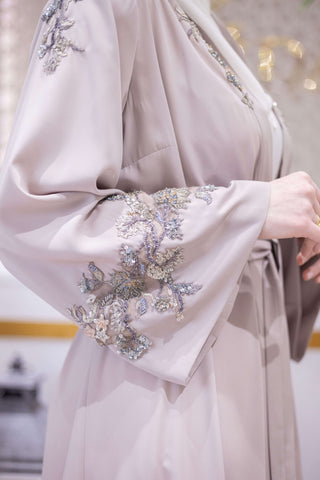 Silk Crown Embellished Abaya – Soft Taupe