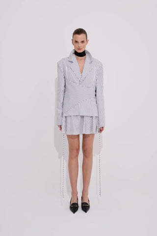 Moyestro Striped Belted Blazer – White