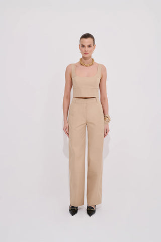 Amelie Cotton Straight-Leg Trousers - Beige