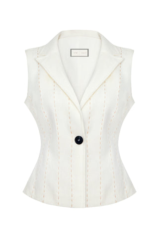 Linen Vest with Punto Stitch Detailing – Ivory