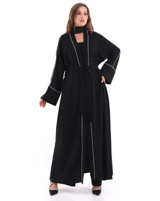 Crystal-Embellished Crepe Abaya – Black