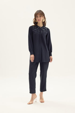 Agni Embellished Blouse and Trousers Black Set