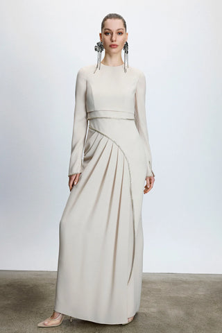 Asymmetric Draped Satin Long Evening Dress with Stone Embellishments - Beige