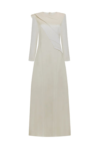 Asymmetric Draped Long-Sleeve Evening Dress - Cream