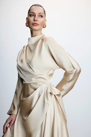 Asymmetric Draped High-Neck Satin Long Evening Dress - Beige