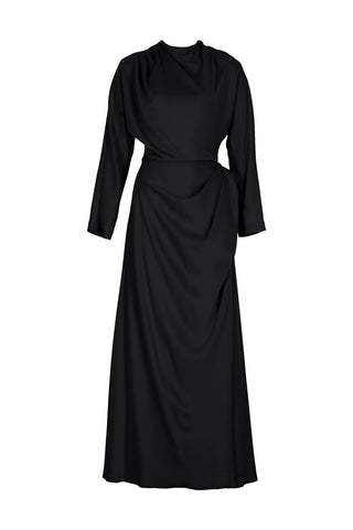 Asymmetric Draped High-Neck Satin Long Evening Dress - Black